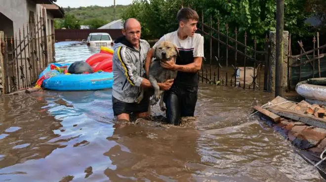 Місцеві жителі рятують собаку від паводкових вод у румунському селі Слобозія -Конакі, 14 вересня 2024 року