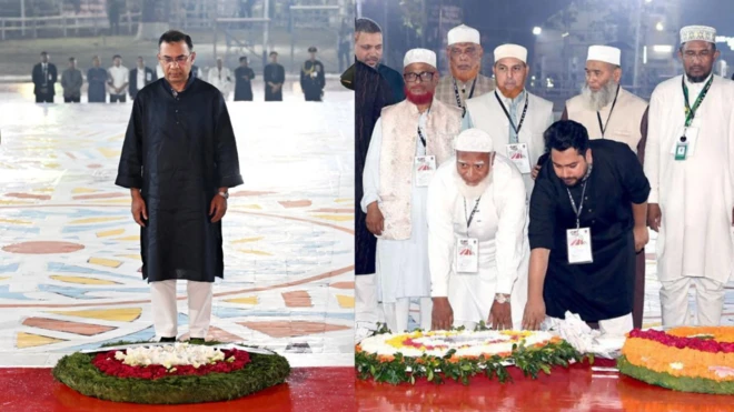 শহীদ মিনারে প্রধানমন্ত্রী ও বিরোধী দলের শ্রদ্ধা