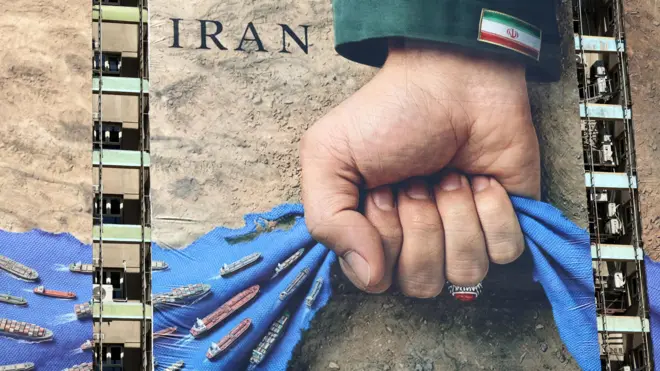 Билборд с изображением Ормузского пролива и надписью на персидском языке «Навсегда в руках Ирана» установлен на площади в Тегеране, Иран, 15 апреля 2026 года. A