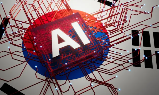 태극기 위로 AI라는 단어가 적혀져 있고 글자 주변으로 붉은 회로가 옆으로 나 있는 일러스트레이션 