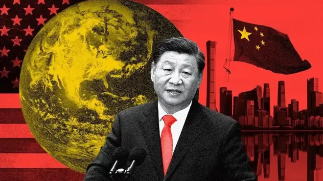 Photomontage de Xi Ping sur fond du globe terrestre et du drapeau américain.