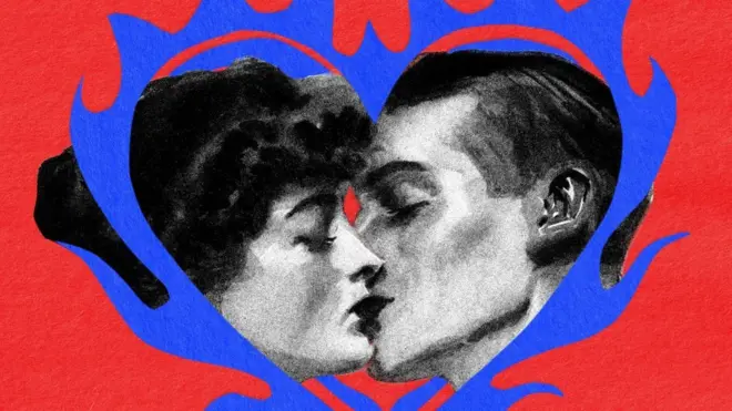 илустрација мушкарца и жене који се љубе док су им главе уоквирене у нацртано срце