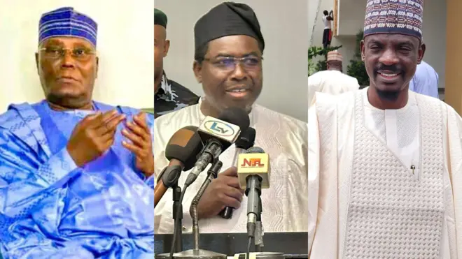 Atiku Abubakar wọ agbada buluu pẹlu fila, Ọjọgbọn Joash Amupitan ati Bashir Ahmad naa wọ agbada pẹlu fila lori