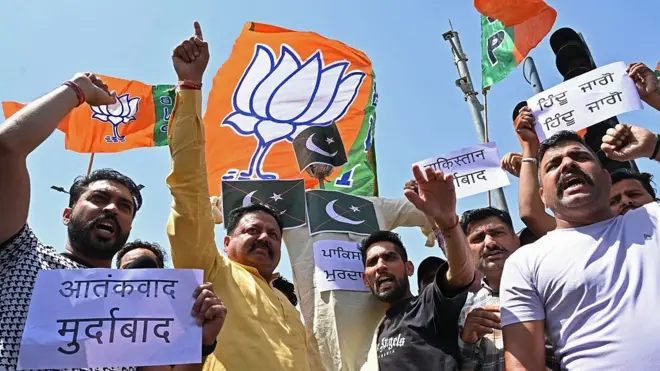 Activists of India's Bharatiya Janata Party (BJP) take part in a protest against Pakistan, in Amritsar on April 23, 2025, condemning the Kashmir tourist attack. Gunmen in Indian-run Kashmir killed 26 people on April 22, according to a hospital list of the dead that was verified by police, the region's deadliest attack on civilians since 2000.