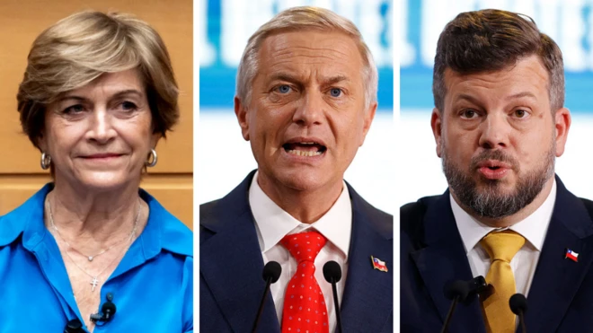 Os candidatos à presidência do Chile Evelyn Matthei, José Antonio Kast e Johannes Kaiser 