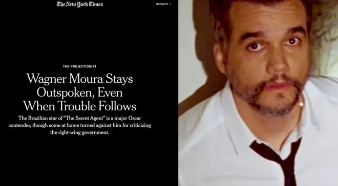 Capa de reportagem do site New York Times sobre Wagner Moura, com foto do ator