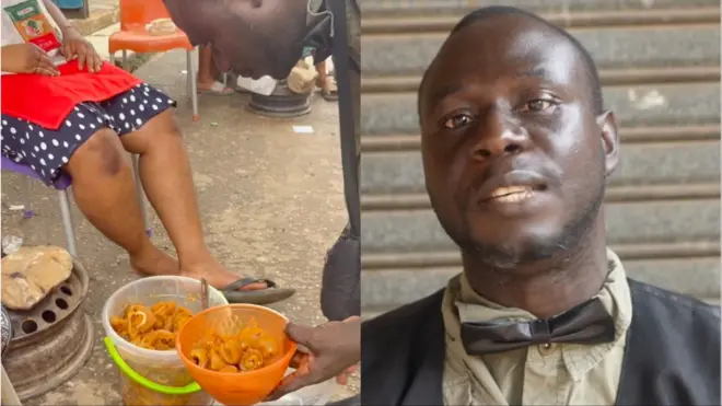 Aworan Ọgbẹni Adeloye nibi to ti n ta pọnmọ rẹ fun ọkan ninu awọn onibara rẹ to joko.