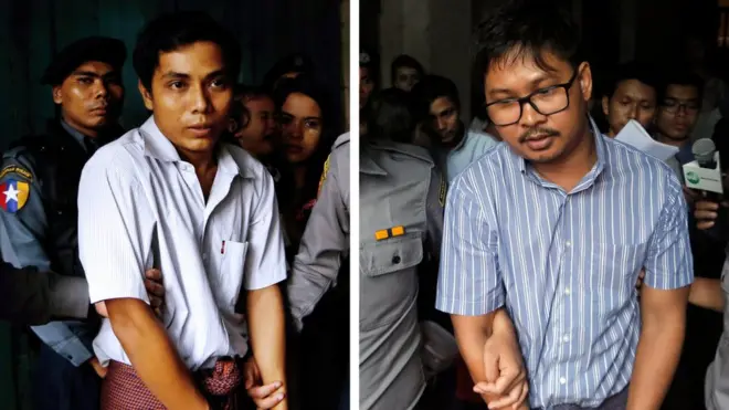 Kyaw Soe Oo (left) and Wa Lone say they were framed by the police