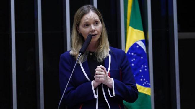 Deputada discursando no plenário da Câmara com bandeira do Brasil ao fundo