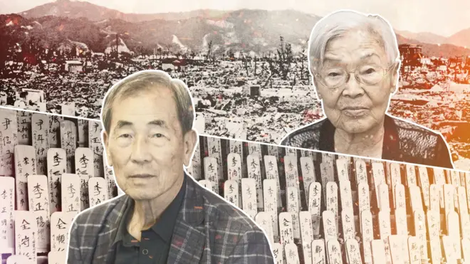 이정순, 심진태 씨의 사진과 뒤로 보이는 원폭 피해 현장, 위패를 합성한 이미지