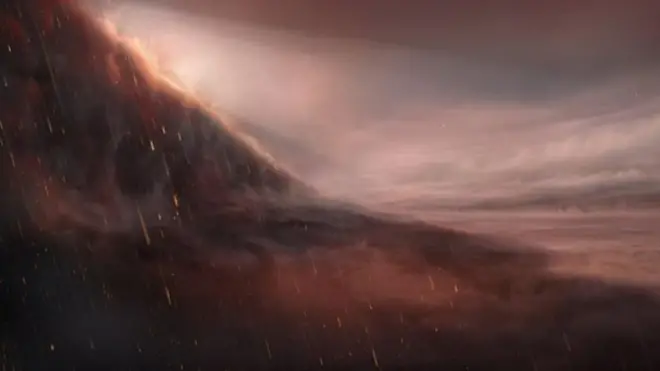 ภาพจากฝีมือศิลปิน แสดงให้เห็นฝนเหล็กหลอมเหลวที่ตกลงในฝั่งด้านมืดของดาว Wasp-76b