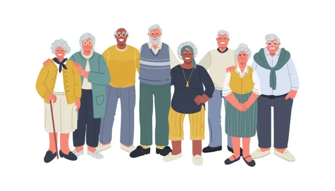 Diverses personnes âgées se blottissent, souriant et se tenant ensemble. Illustration vectorielle - Illustrations