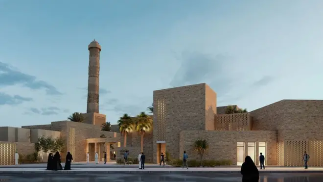 Desain pembangunan kembali Masjid Raya al-Nuri di Mosul, Irak.