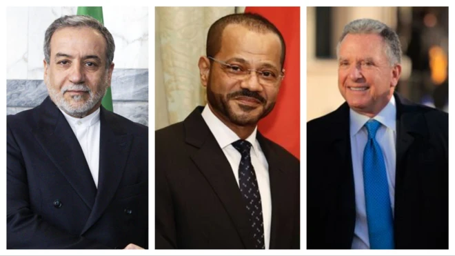 از سمت راست: استیو ویتکاف،‌ سرپرست هیئت آمریکایی، بدر البوسعیدی، وزیر خارجه عمان و میانجی مذاکرات و عباس عراقچی، وزیر خارجه ایران و سرپرست هیئت ایرانی