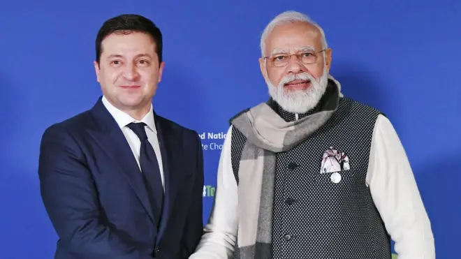 भारतीय प्रधानमंत्री नरेंद्र मोदी के साथ यूक्रेन के राष्ट्रपति वोलोदिमीर ज़ेलेंस्की