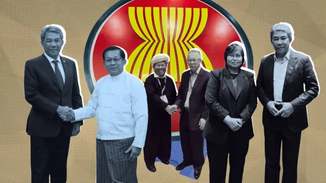 အာဆီယံအလှည့်ကျဥက္ကဋ္ဌ မလေးရှားနိုင်ငံခြားရေးဝန်ကြီးနဲ့ စစ်ကော်မရှင်ခေါင်းဆောင် ဗိုလ်ချုပ်မှူးကြီးမင်းအောင်လှိုင် (ပုံရဲ့ဘယ်ဘက်) ၊ မလေးရှားနိုင်ငံခြားရေးဝန်ကြီးနဲ့ အမျိုးသားညီညွတ်ရေးအစိုးရ နိုင်ငံခြားရေးဝန်ကြီး ဒေါ်ဇင်မာအောင် (ပုံရဲ့ ညာဘက်) ၊ မြန်မာနိုင်ငံဆိုင်ရာ အာဆီယံအထူးသံနဲ့ ပအို့ဝ်ခေါင်းဆောင် ခွန်မြင့်ထွန်း (ပုံအလယ်) တို့ကို လက်ဆွဲ နှုတ်ဆက်နေကြတဲ့ ဓာတ်ပုံကို အာဆီယံ တံဆိပ်နောက်ခံနဲ့ မြင်တွေ့ရတာဖြစ်ပါတယ်