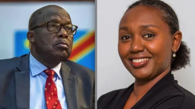 Ifoto yafatanyijwe ya Minisitiri w'ububanyi n'amahanga wa DR Congo Christophe Lutundula Apala Pen'Apala (iburyo) n'umuvugizi wa leta y'u Rwanda Yolande Makolo