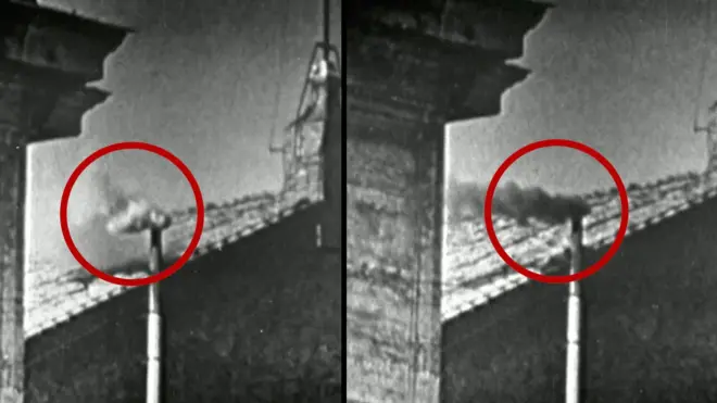 A black and white split image of a chimney with white smoke and the other side with black smoke