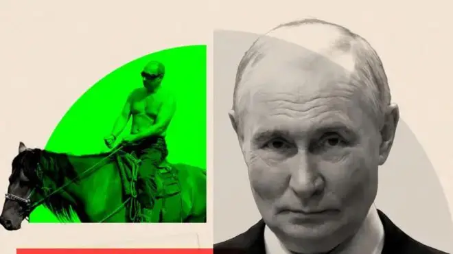 Una imagen que combina varias fotos: en la esquina superior izquierda se ve a Vladimir Putin, sin camisa, montado en un caballo. La foto de la esquina superior derecha lo muestra de traje y corbata en 2022.