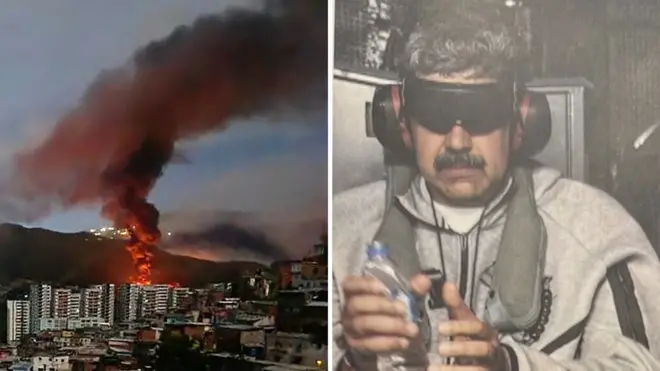 火の手が上がるカラカスの写真と、拘束されたマドゥロ大統領の写真