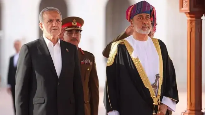 Sultan Haitham bin Tariq of Oman with Iranian President Masoud Pezeshkian