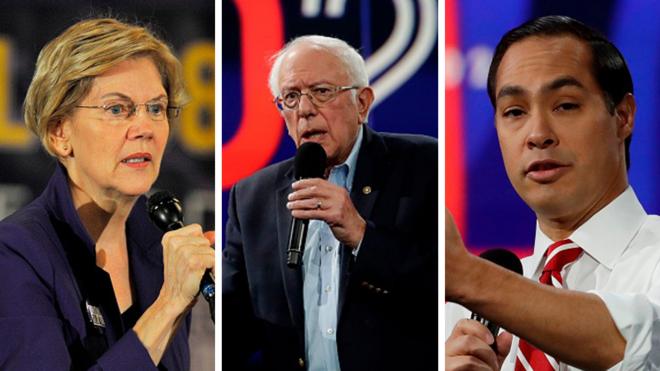Elizabeth Warren (L), Bernie Sanders (C) and Julian Castro (R) are all contending for the Democratic presidential nomination