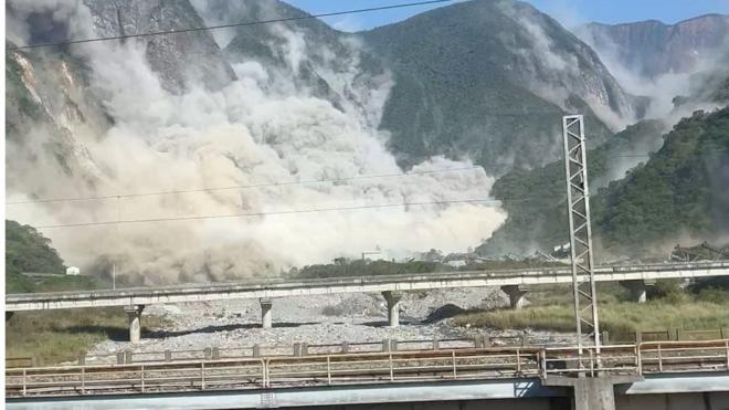A view of a landslide after an earthquake hit just off the eastern coast of Taiwan, according to Taiwan's Central Weather Administration, in Xiulin, Hualien, Taiwan, April 3, 2024