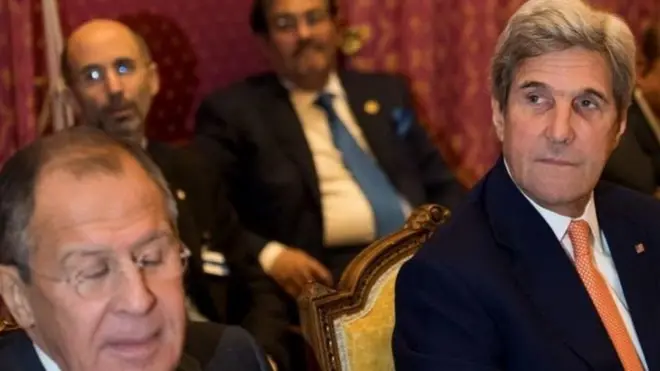 အမေရိကန် နိုင်ငံခြားရေးဝန်ကြီး ဂျွန်ကယ်ရီနဲ့ ရုရှားနိုင်ငံခြားရေးဝန်ကြီး ဆာဂေး လက်ဗရော့