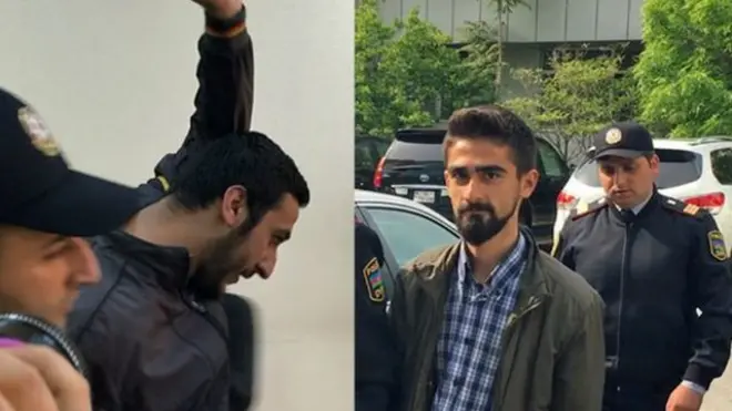 NİDA fəalları Bayram Məmmədov və Qiyas İbrahimov Mayın 10-u gecə saatlarında sabiq prezident Heydər Əliyevin abidəsinə yazılmış şüardan sonra saxlanılıblar