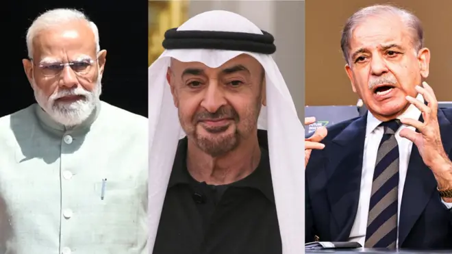 पीएम मोदी, शेख़ मोहम्मद बिन ज़ाएद अल नाह्यान और शहबाज़ शरीफ़