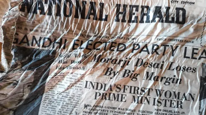 The papers' front pages report the news of Indira Gandhi's first election victory