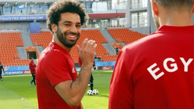 Mohamed Salah mengikuti sesi latihan tim nasional Mesir di Rusia menjelang laga melawan Uruguay.