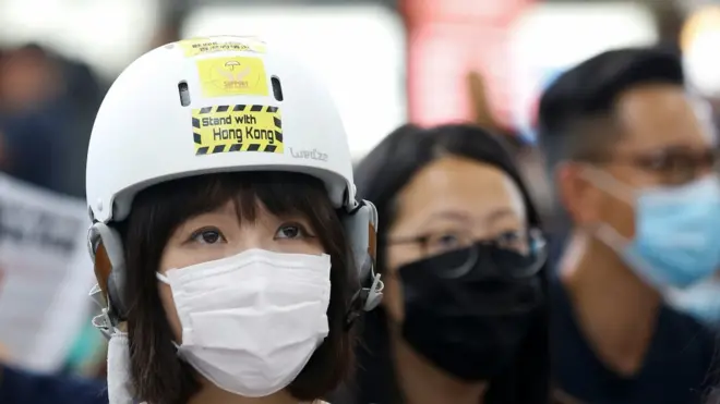 A protester at Hong Kong airport, 9 August 2019