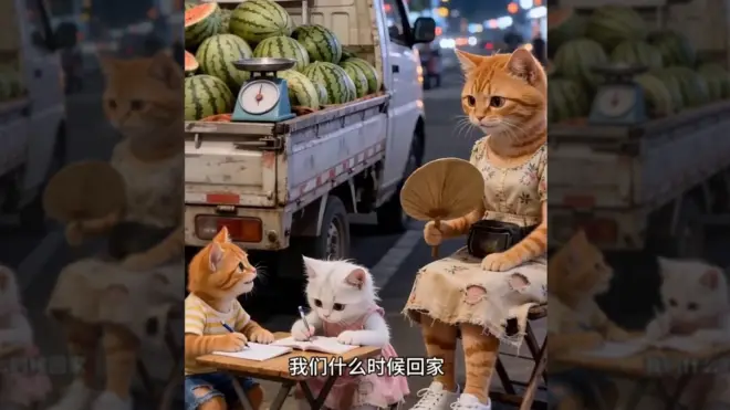 三只人形橘猫在卖西瓜