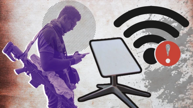 စတားလင့်ခ်စက်အနီးမှာ သေနတ်လွယ်ပြီး ဖုန်းနဲ့အင်တာနက်သုံးနေတဲ့ တပ်ဖွဲ့ဝင်တစ်ဦးနဲ့ အင်တာနက်ဝိုင်ဖိုင်မရမှုသရုပ်ဖော်ပုံ