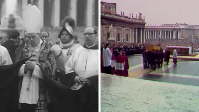 A composite image of a black and white image of a cardinal in a procession, and a colour image of a papal funeral in St. Peter's Square.