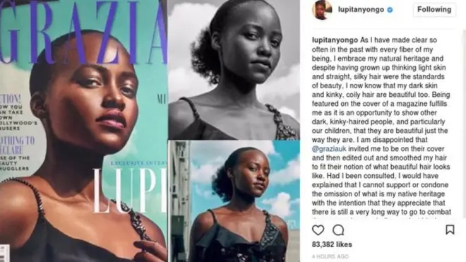 Sur son compte instagram elle a publié les photos originales ainsi que la version publiée ou ses cheveux naturels ont été supprimés.