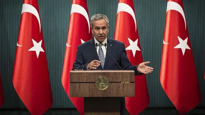 Bülent Arınç Türk bayraklarının önünde konuşma yapıyor