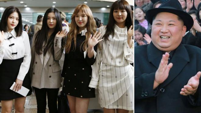South Korean girl group Red Velvet head to North Korea on 31 March, left, and North Korean leader Kim Jong-un, right