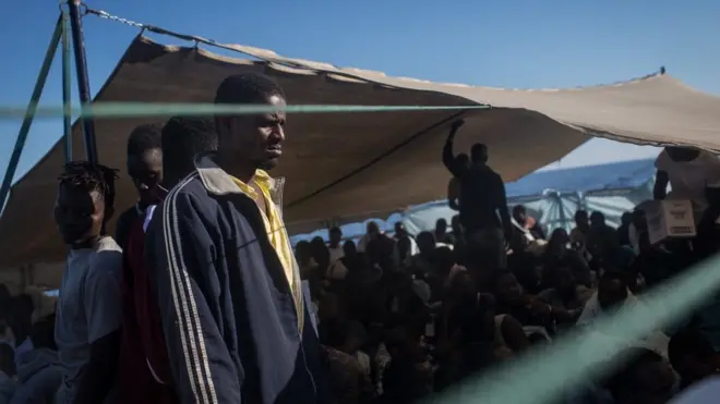 Migrants on board the Migrant Offshore Aid Station (MOAS) Phoenix vessel en route to Italy, 11 June 2017