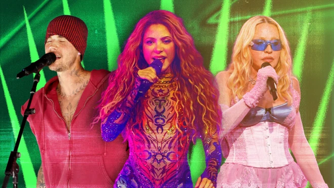 Picture of Justin Bieber in a red outfit singing into a microphone, Shakira in an embellished bodysuit singing into a microphone and Madonna in a pink corset singing into a microphone set against a green background.