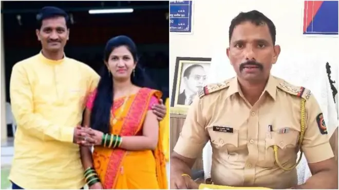 योगेश पाटील आणि त्यांच्या पत्नी (डावीकडे) आणि वैराग पोलीस स्टेशनचे पोलीस निरीक्षक कुंदन गावडे (उजवीकडे)