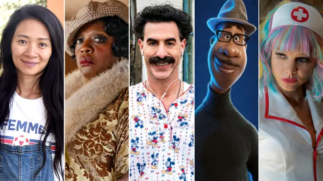 L-R: Nomadland director Chloé Zhao, Viola Davis as Ma Rainey, Sacha Baron Cohen as Borat, Soul's Joe Gardner and Carey Mulligan in Promising Young Woman