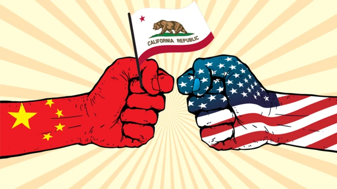 Ilustraciones de manos enfrentadas representando a China y Estados Unidos. La mano china sostiene una bandera de California.