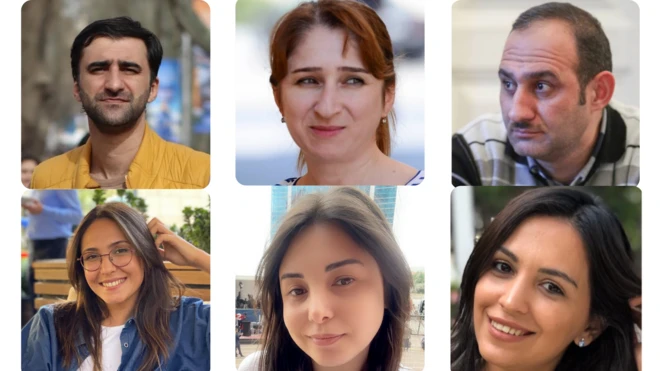 Meydan TV İŞİ "Meydan TV işi" Soldan sağa: Ramin Deko, Aynur Elgünəş, Natiq Cavadlı
İkinci sırada soldan sağa: Aysel Umudova, Xəyalə Ağayeva, Aytac Tapdıq
Həbs olunmuş jurnalistlər 