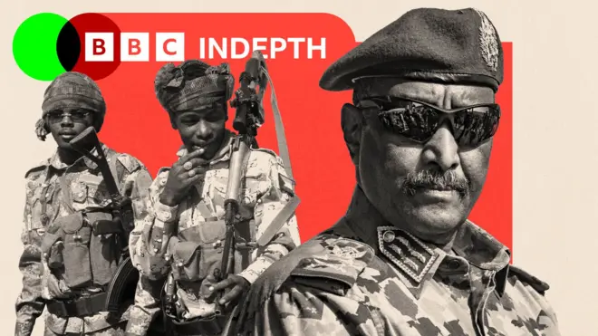 Une image retouchée de deux soldats et un gros plan d'Abdel Fattah Abdelrahman al-Burhan.