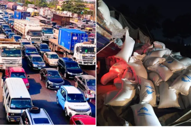 Aworan sunkẹrẹfakẹrẹ ọkọ pẹlu ẹru iyẹfun ti ọkọ naa danu.