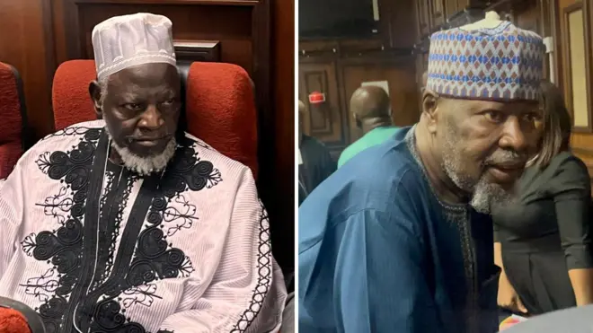 Retired Major General Mohammed Ibrahim Gana (in blue kaftan) na two of di six suspected coup plotters