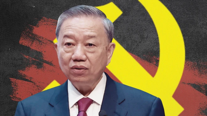 Ảnh minh họa: Tổng bí thư Tô Lâm và biểu tượng búa liềm phía sau 