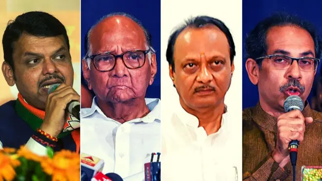 देवेंद्र फडणवीस, शरद पवार, अजित पवार और उद्धव ठाकरे (बाएं से दाएं)